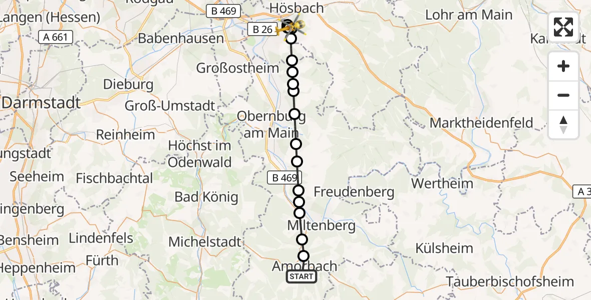 Flugroute Rettungshubschrauber Amorbach - Aschaffenburg Hospital, 24 September 2026, 13:41