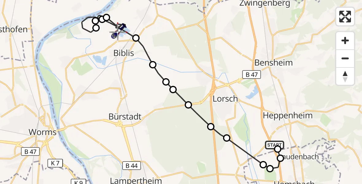 Flugroute Polizeihubschrauber Segelflugplatz Heppenheim - Groß-Rohrheim, 24 September 2026, 13:42