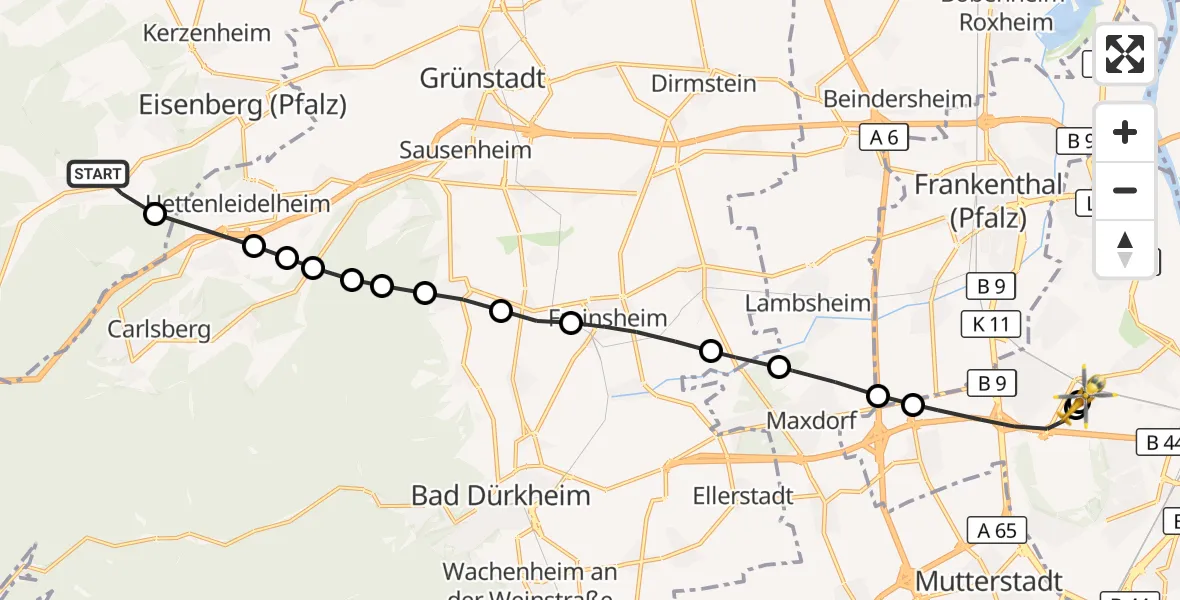 Flugroute Rettungshubschrauber Ramsen - Ludwigshafen Accident Hospital, 24 September 2026, 13:55