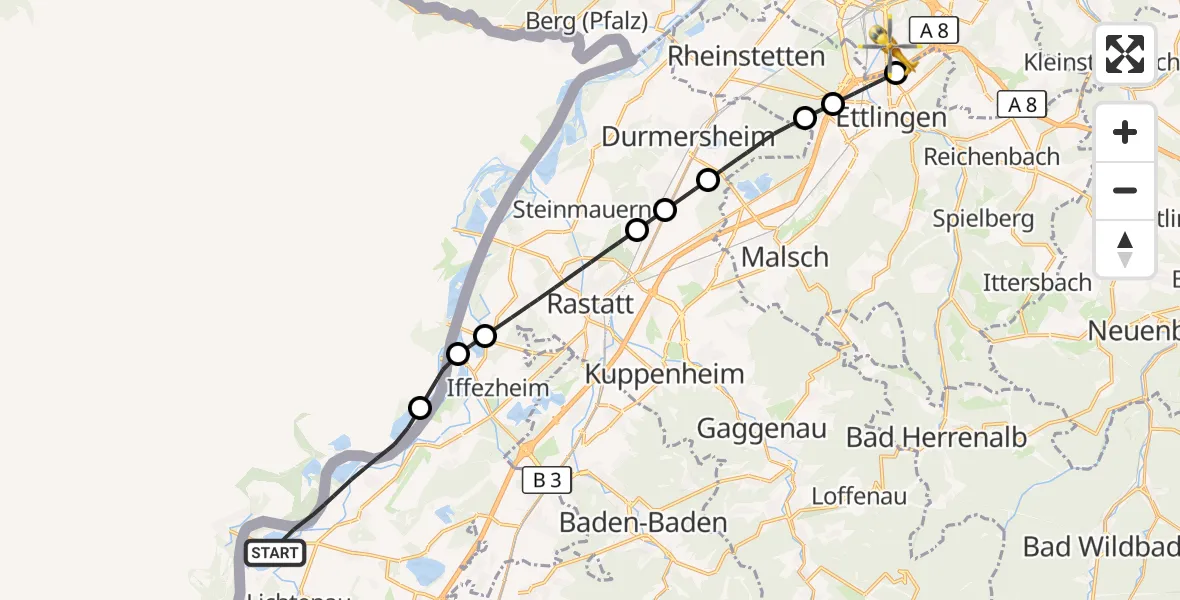 Flugroute Ambulanzhubschrauber Rheinmünster - Karlsruhe, 24 September 2026, 14:00