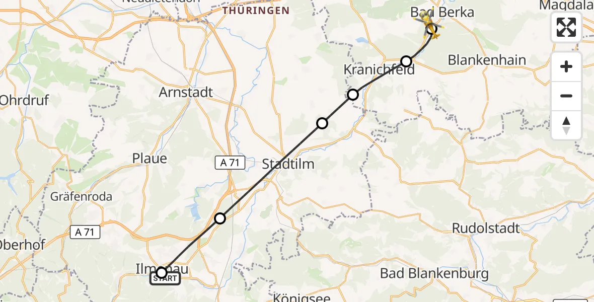 Flugroute Ambulanzhubschrauber Ilm-Kreis-Kliniken Arnstadt-Ilmenau Hubschrauberlandeplatz - Bad Berka Central Hospital, 24 September 2026, 14:06
