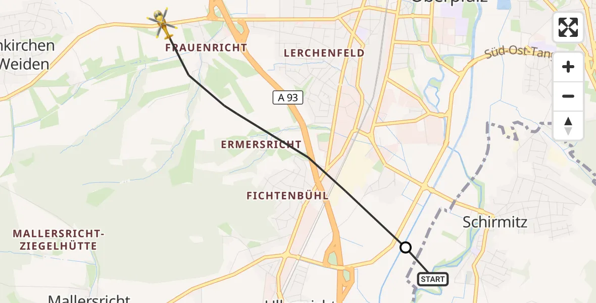 Flugroute Ambulanzhubschrauber Schirmitz - Weiden i.d.OPf., 24 September 2026, 14:13