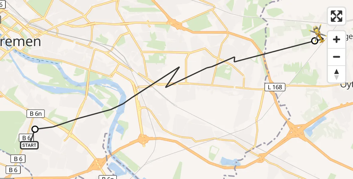 Flugroute Rettungshubschrauber ADAC Air Rescue Station Bremen Hubschrauberlandeplatz (Christoph 6) - Oyten, 24 September 2026, 14:32