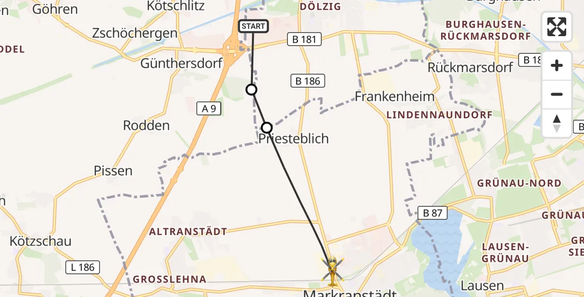 Flugroute Rettungshubschrauber ADAC Air Rescue Station Leipzig/Schkeuditz-Dölzig Hubschrauberlandeplatz (Christoph 61) - Markranstädt, 24 September 2026, 14:38