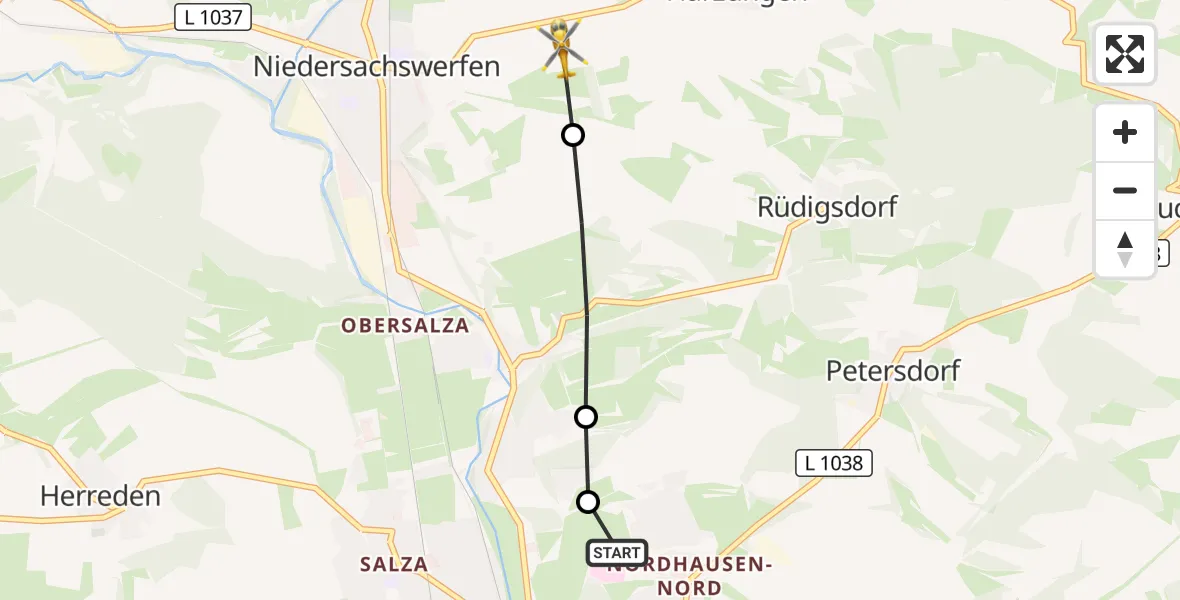 Flugroute Rettungshubschrauber Südharz Hospital Nordhausen - Harztor, 24 September 2026, 14:55