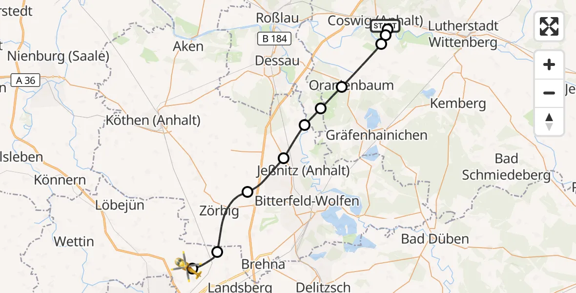 Flugroute Rettungshubschrauber MediClin Heart Center Coswig Hubschrauberlandeplatz - Halle-Oppin Flugplatz, 24 September 2026, 15:25