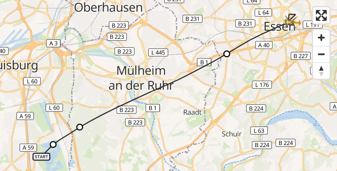 Flugroute Rettungshubschrauber Duisburg Air Rescue Hubschrauberlandeplatz (Christoph 9) - Essen, 24 September 2026, 15:25