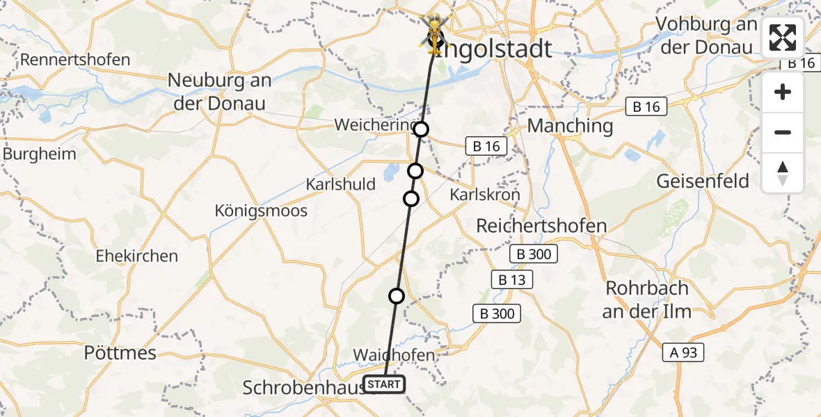 Flugroute Rettungshubschrauber Waidhofen - Ingolstadt Hospital, 24 September 2026, 15:25