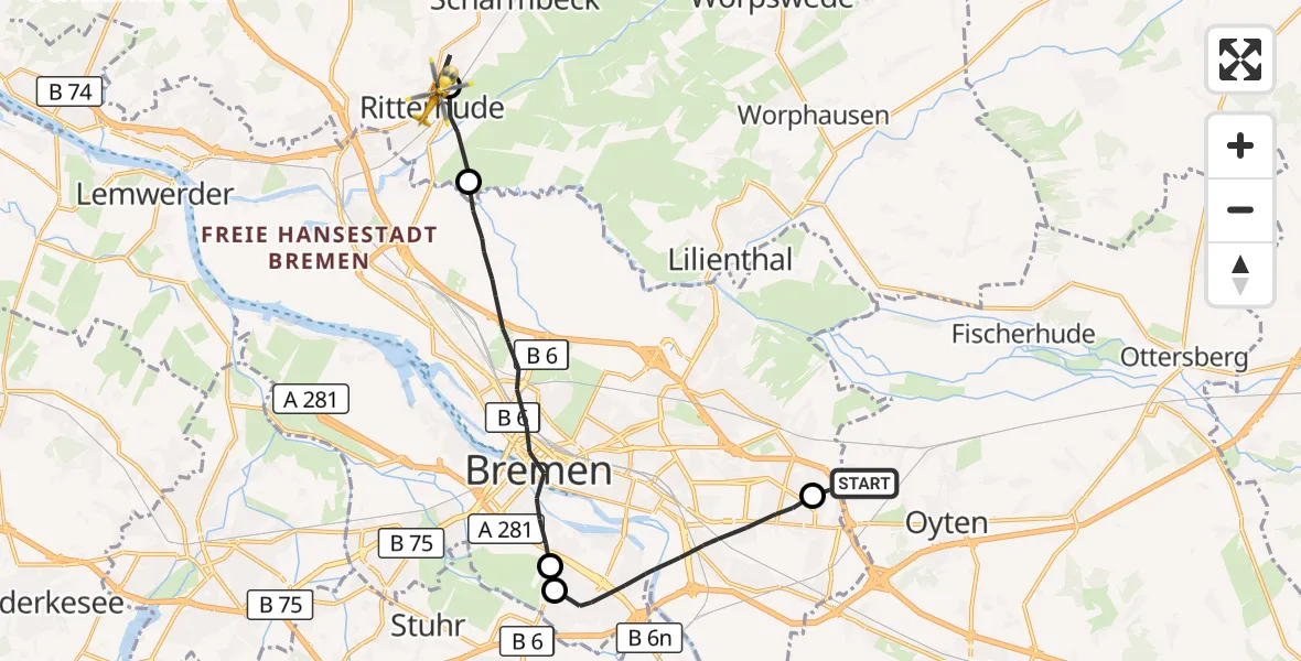 Flugroute Rettungshubschrauber Oyten - Ritterhude, 24 September 2026, 15:27