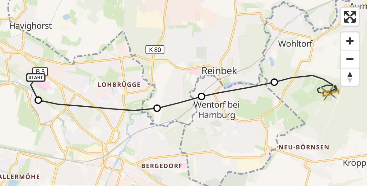 Flugroute Rettungshubschrauber Christoph Hansa ADAC Hubschrauberlandeplatz - Wohltorf, 24 September 2026, 15:44