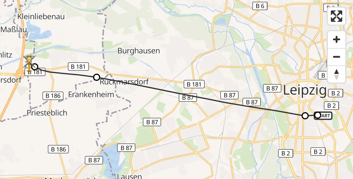 Flugroute Rettungshubschrauber Leipzig University Hospital Heliport 1 - ADAC Air Rescue Station Leipzig/Schkeuditz-Dölzig Hubschrauberlandeplatz (Christoph 61), 24 September 2026, 15:51