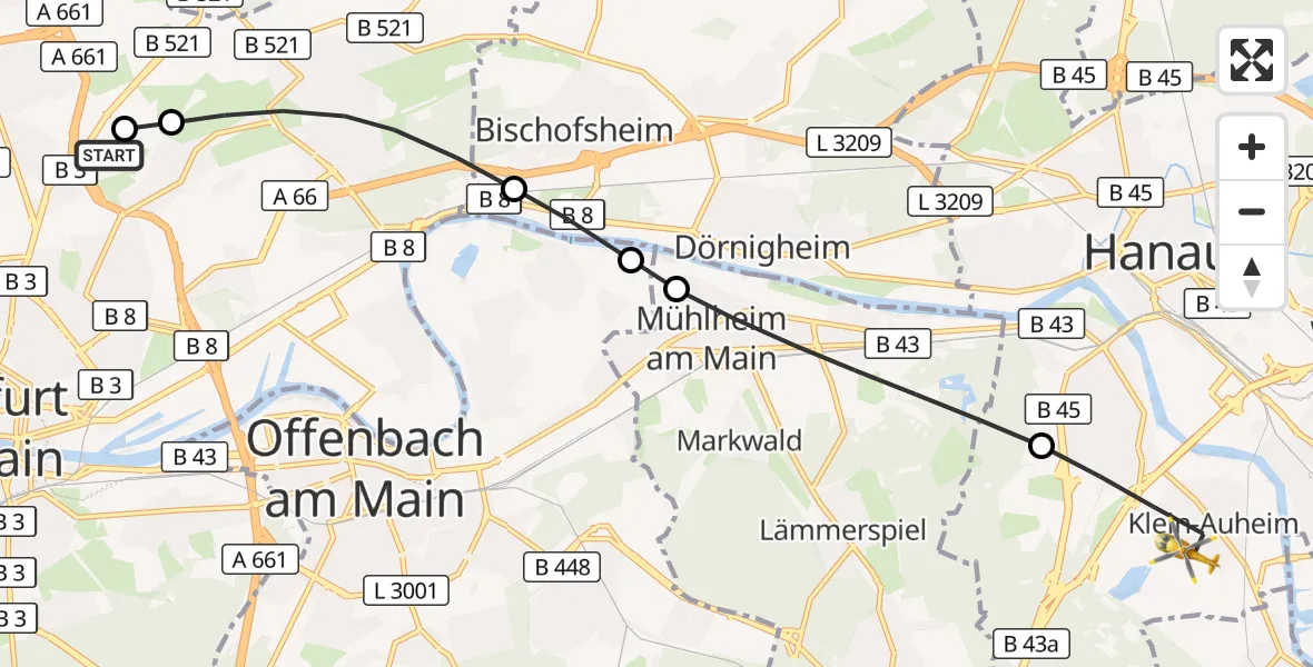 Flugroute Rettungshubschrauber Frankfurt am Main Accident Hospital Roof Helipad (CHX2) - Hanau, 24 September 2026, 15:52