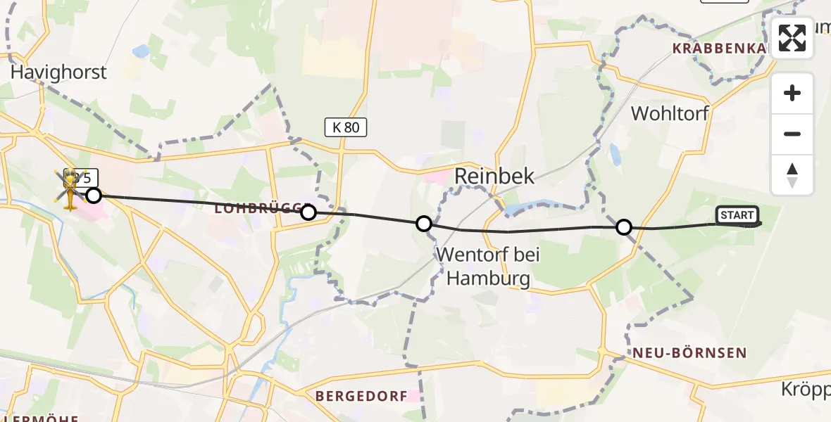 Flugroute Rettungshubschrauber Wohltorf - Christoph Hansa ADAC Hubschrauberlandeplatz, 24 September 2026, 15:55