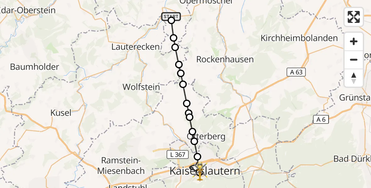 Flugroute Rettungshubschrauber Meisenheim - Westpfalz Hospital Kaiserslautern, 24 September 2026, 15:55