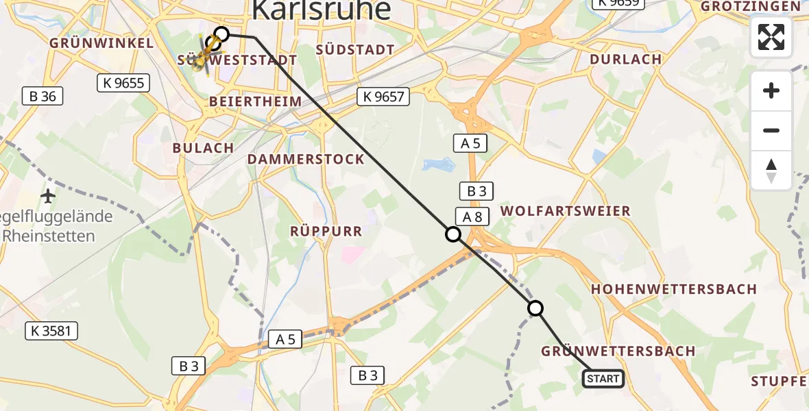 Flugroute Ambulanzhubschrauber Karlsruhe - Sankt Vincentius Hospital, 24 September 2026, 16:05