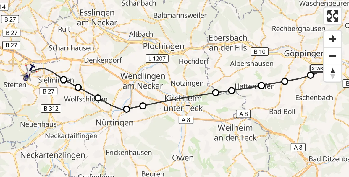 Flugroute Polizeihubschrauber Göppingen - Flughafen Stuttgart, 24 September 2026, 16:15