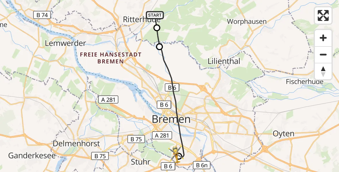 Flugroute Rettungshubschrauber Osterholz-Scharmbeck - ADAC Air Rescue Station Bremen Hubschrauberlandeplatz (Christoph 6), 24 September 2026, 16:23
