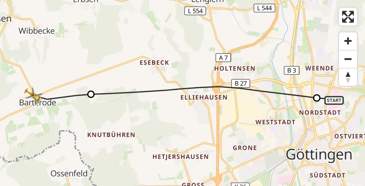 Flugroute Rettungshubschrauber Göttingen University Clinic Hubschrauberlandeplatz - Adelebsen, 24 September 2026, 16:24