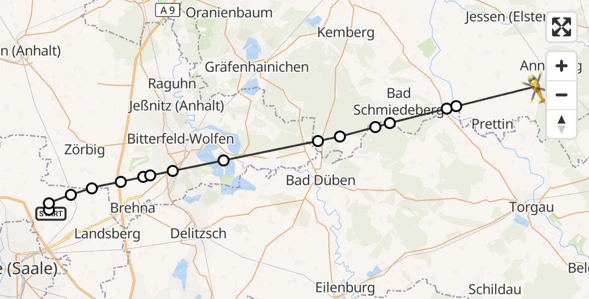 Flugroute Rettungshubschrauber Halle-Oppin Flugplatz - Annaburg, 24 September 2026, 16:30