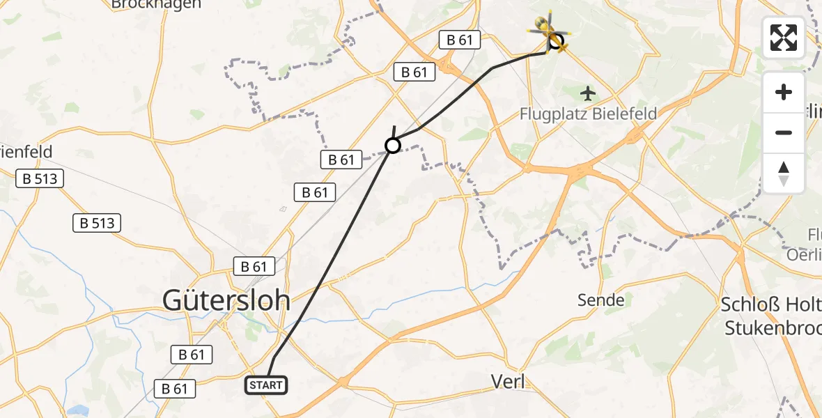 Flugroute Rettungshubschrauber Gütersloh - Luftrettungszentrum Bielefeld, 24 September 2026, 16:32