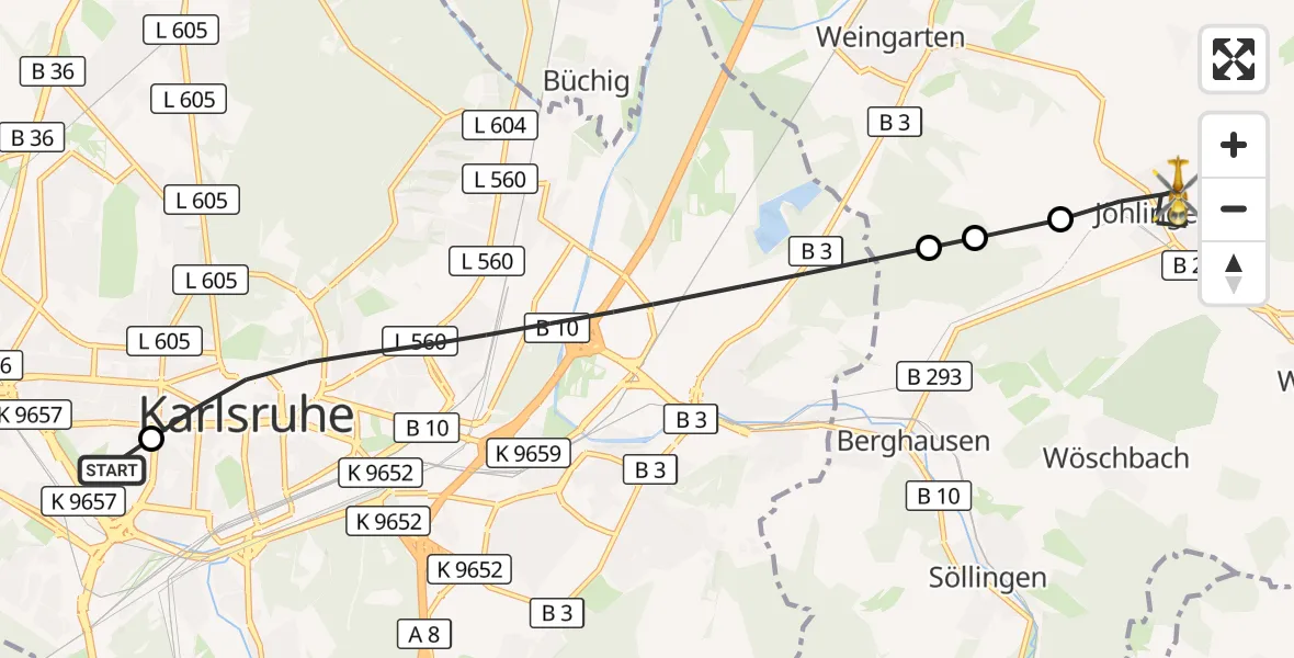 Flugroute Ambulanzhubschrauber Sankt Vincentius Hospital - Walzbachtal, 24 September 2026, 16:35
