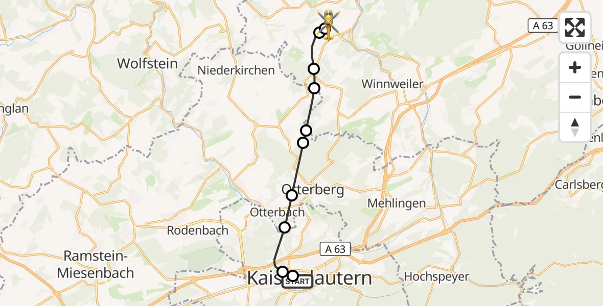 Flugroute Rettungshubschrauber Westpfalz Hospital Kaiserslautern - Rockenhausen, 24 September 2026, 16:38