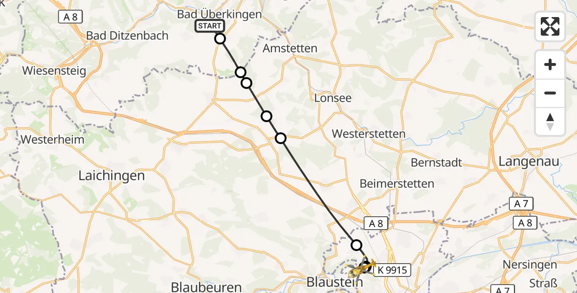 Flugroute Rettungshubschrauber Bad Überkingen - Ulm Military Hospital Emergency, 24 September 2026, 16:39