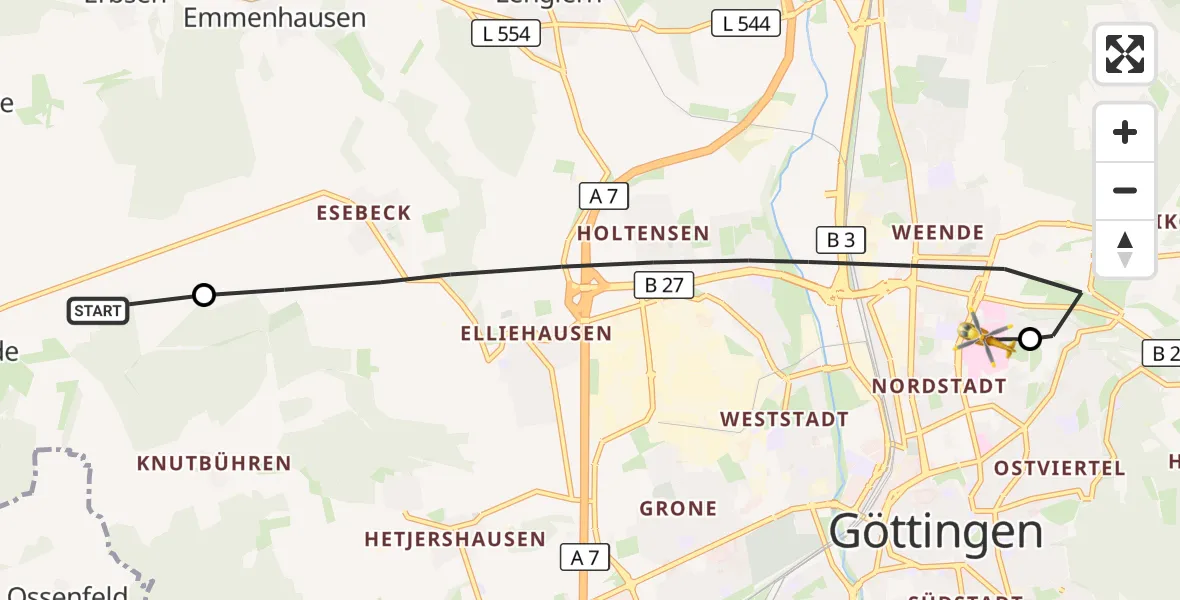 Flugroute Rettungshubschrauber Adelebsen - Göttingen University Clinic Hubschrauberlandeplatz, 24 September 2026, 16:50