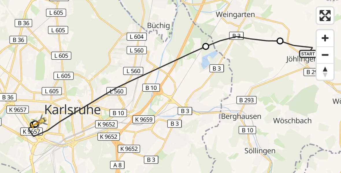 Flugroute Ambulanzhubschrauber Walzbachtal - Sankt Vincentius Hospital, 24 September 2026, 17:28