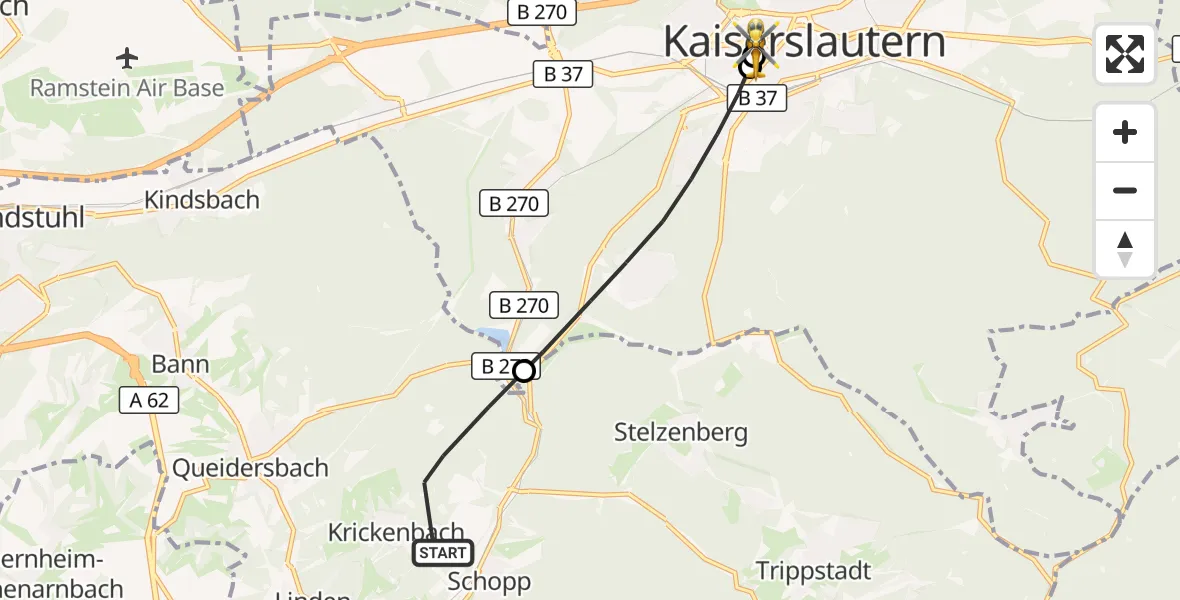 Flugroute Rettungshubschrauber Krickenbach - Westpfalz Hospital Kaiserslautern, 24 September 2026, 17:38