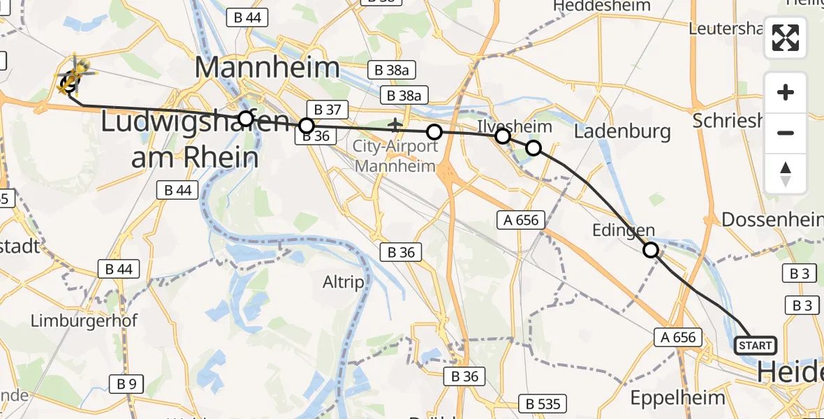 Flugroute Rettungshubschrauber Heidelberg - Ludwigshafen Accident Hospital, 24 September 2026, 17:40