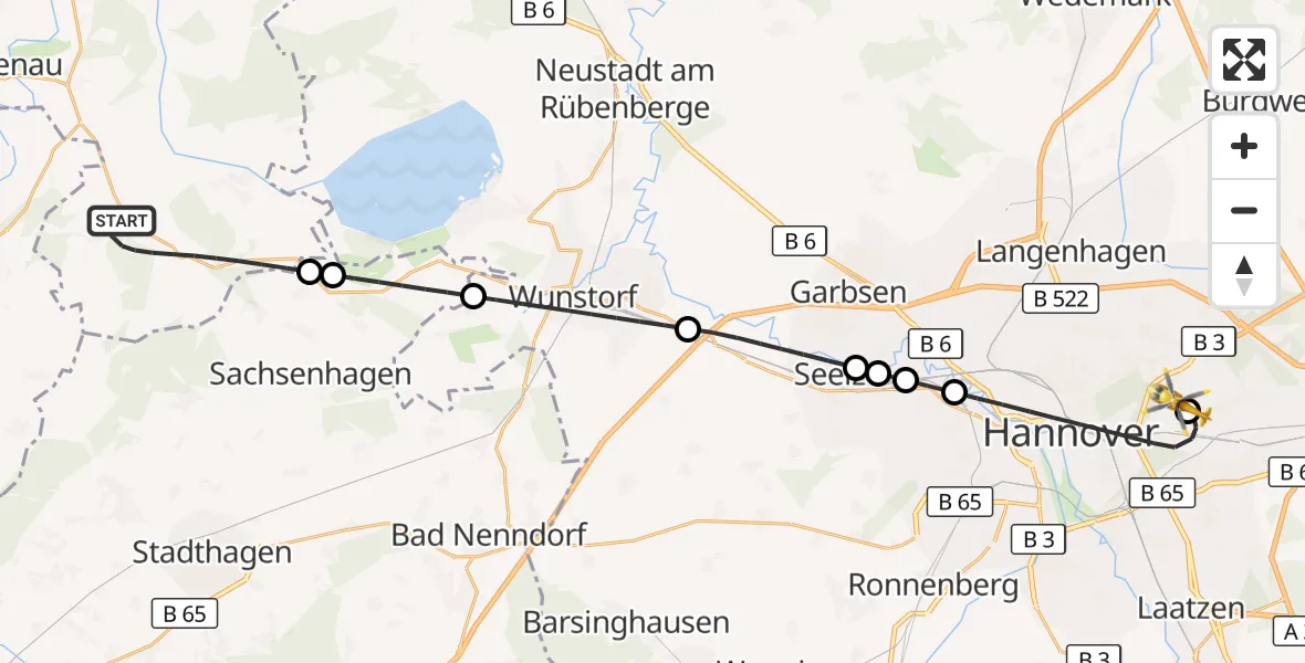 Flugroute Rettungshubschrauber Rehburg-Loccum - Hannover Luftrettung Hubschrauberlandeplatz (Christoph 4), 24 September 2026, 18:29