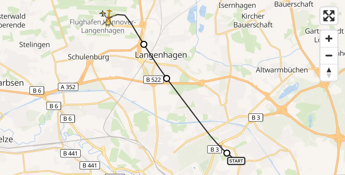 Flugroute Rettungshubschrauber Hannover Luftrettung Hubschrauberlandeplatz (Christoph 4) - Flughafen Hannover, 24 September 2026, 19:07