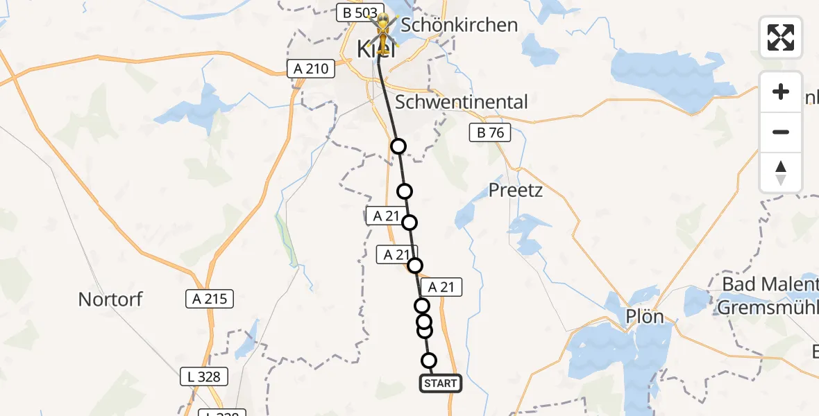 Flugroute Ambulanzhubschrauber Wankendorf - Kiel, 24 September 2026, 19:43