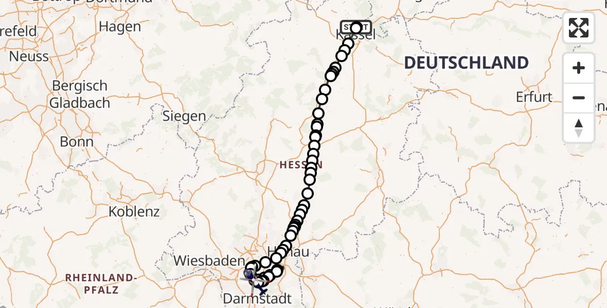 Flugroute Polizeihubschrauber Fuldatal Bundespolizei Hubschrauberlandeplatz - Flughafen Frankfurt-Egelsbach, 24 September 2026, 19:53