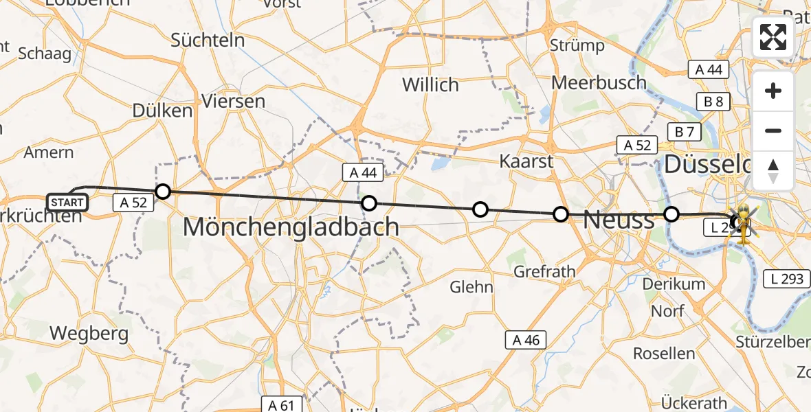 Flugroute Rettungshubschrauber Schwalmtal - Düsseldorf University Hospital, 24 September 2026, 21:04