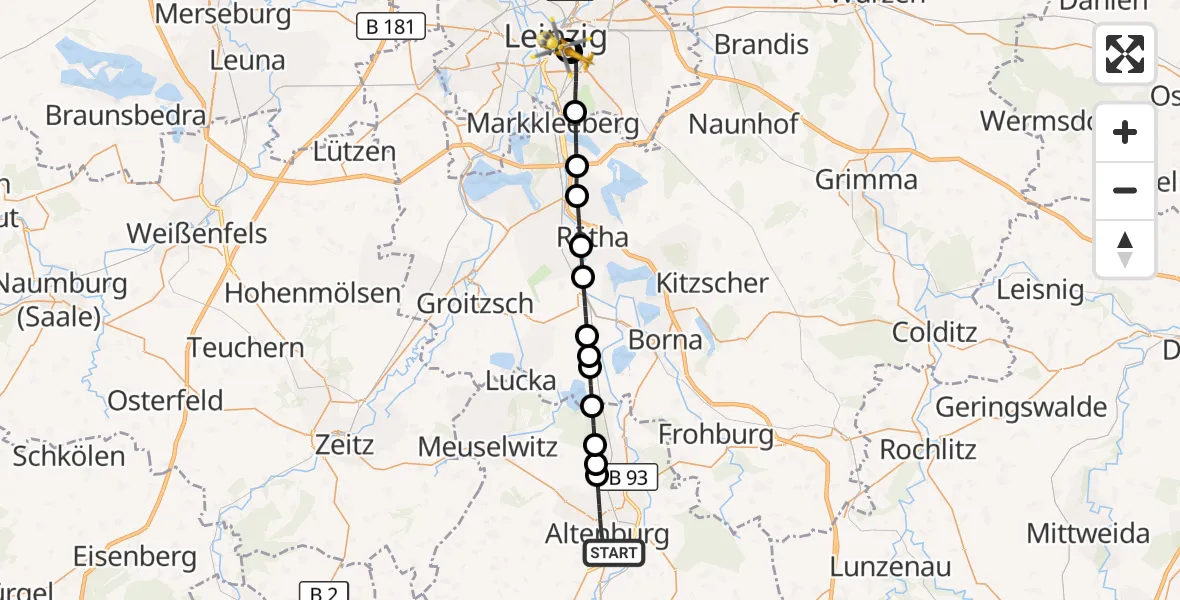 Flugroute Ambulanzhubschrauber Altenburg - Leipzig University Hospital Heliport 1, 24 September 2026, 21:47