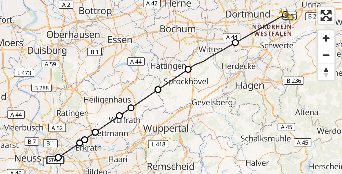 Flugroute Rettungshubschrauber Düsseldorf University Hospital - Dortmund Flughafen, 24 September 2026, 21:57