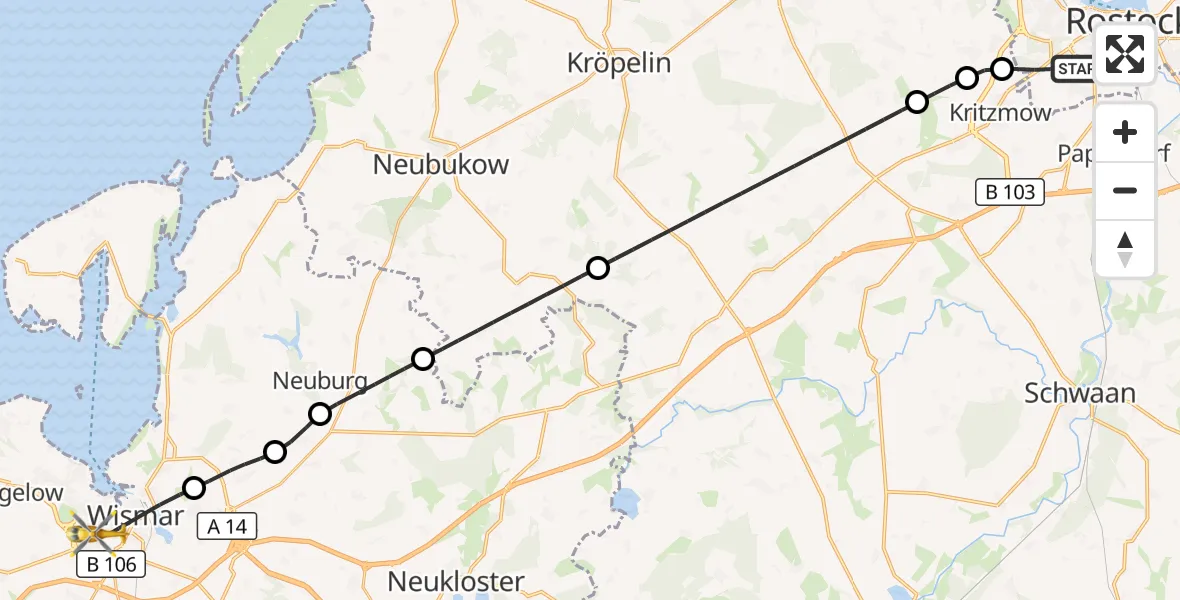 Flugroute Rettungshubschrauber Rostock - Wismar, 24 September 2026, 23:34