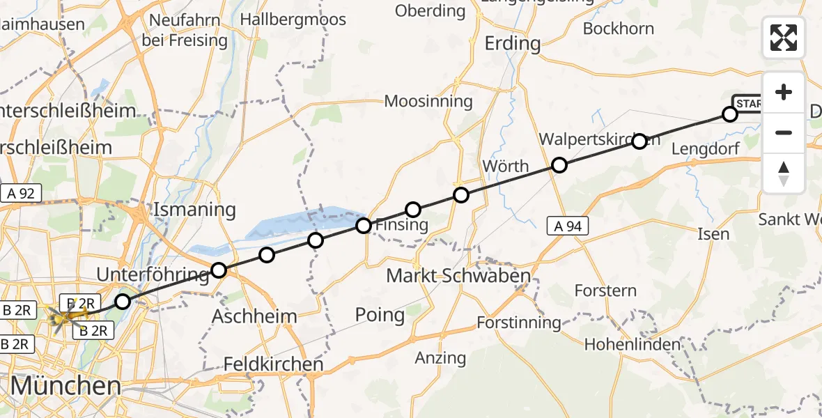 Flugroute Rettungshubschrauber Dorfen - München, 25 September 2026, 00:01