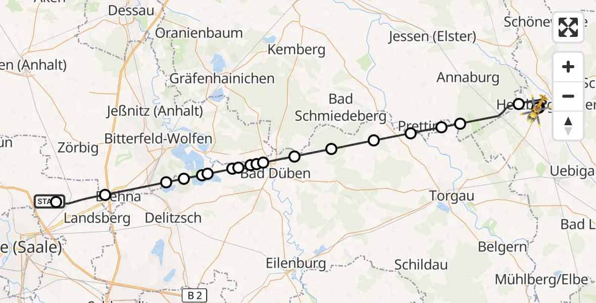 Flugroute Rettungshubschrauber Halle-Oppin Flugplatz - Elbe-Elster Hospital Herzberg, 25 September 2026, 00:07