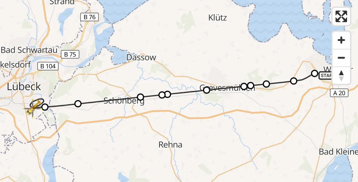 Flugroute Rettungshubschrauber Wismar - Lübeck, 25 September 2026, 01:38