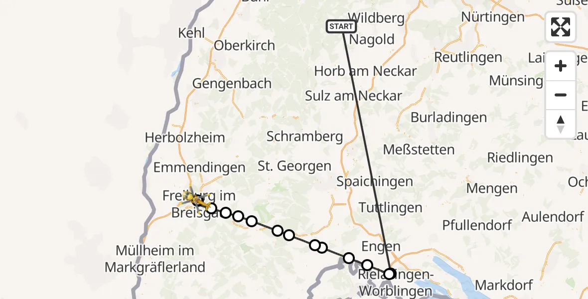 Flugroute Ambulanzhubschrauber Altensteig - Freiburg University Hospital Heliport 1, 25 September 2026, 02:30