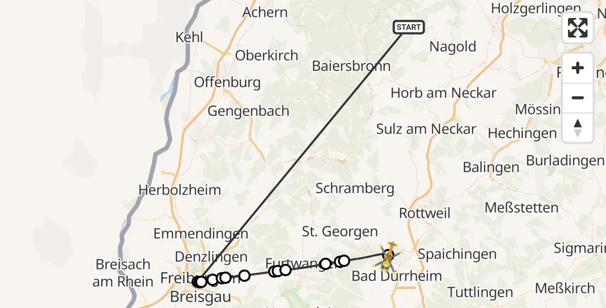 Flugroute Ambulanzhubschrauber Altensteig - DRF Air Rescue Station Villingen-Schwenningen Hubschrauberlandeplatz (Christoph 11), 25 September 2026, 03:33