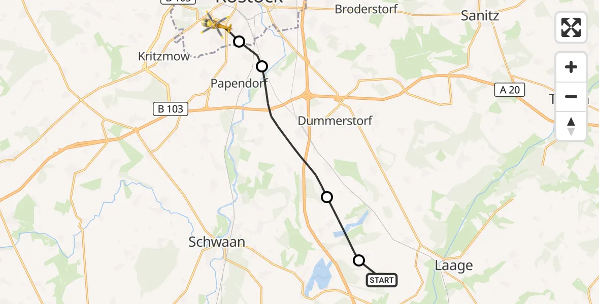 Flugroute Rettungshubschrauber Flughafen Rostock-Laage - Rostock, 25 September 2026, 04:33