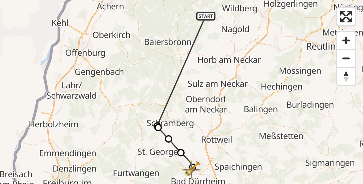 Flugroute Ambulanzhubschrauber Altensteig - DRF Air Rescue Station Villingen-Schwenningen Hubschrauberlandeplatz (Christoph 11), 25 September 2026, 05:16