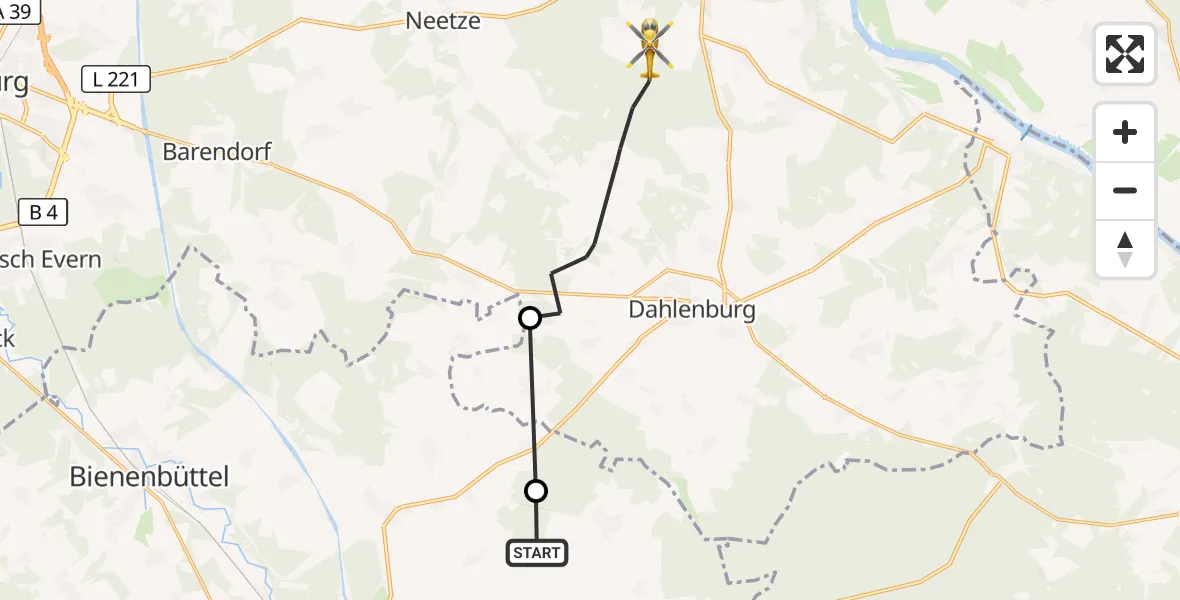 Flugroute Rettungshubschrauber Römstedt - Bleckede, 25 September 2026, 05:47