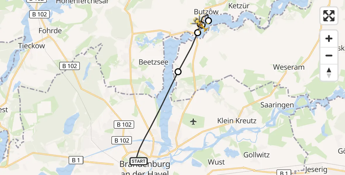 Flugroute Rettungshubschrauber Brandenburg an der Havel - Beetzseeheide, 25 September 2026, 06:18