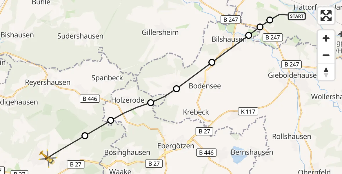 Flugroute Rettungshubschrauber Hattorf am Harz - Göttingen, 25 September 2026, 06:29