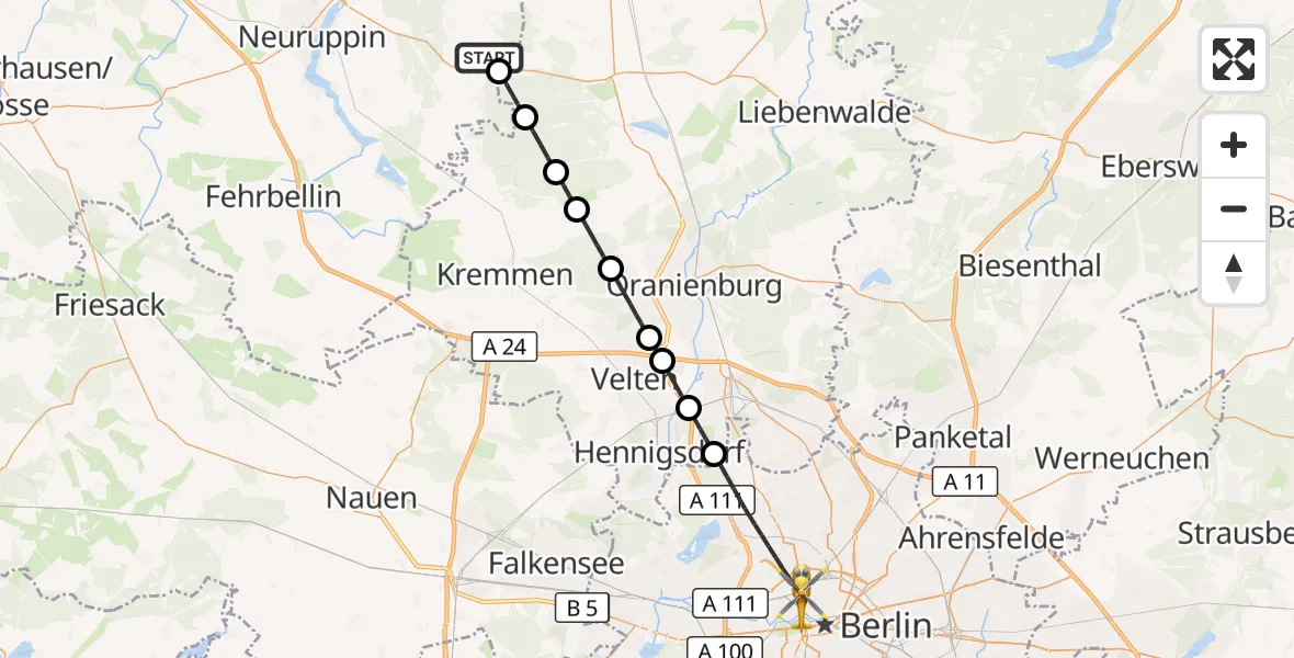 Flugroute Rettungshubschrauber Herzberg (Mark) - Berlin, 25 September 2026, 07:05
